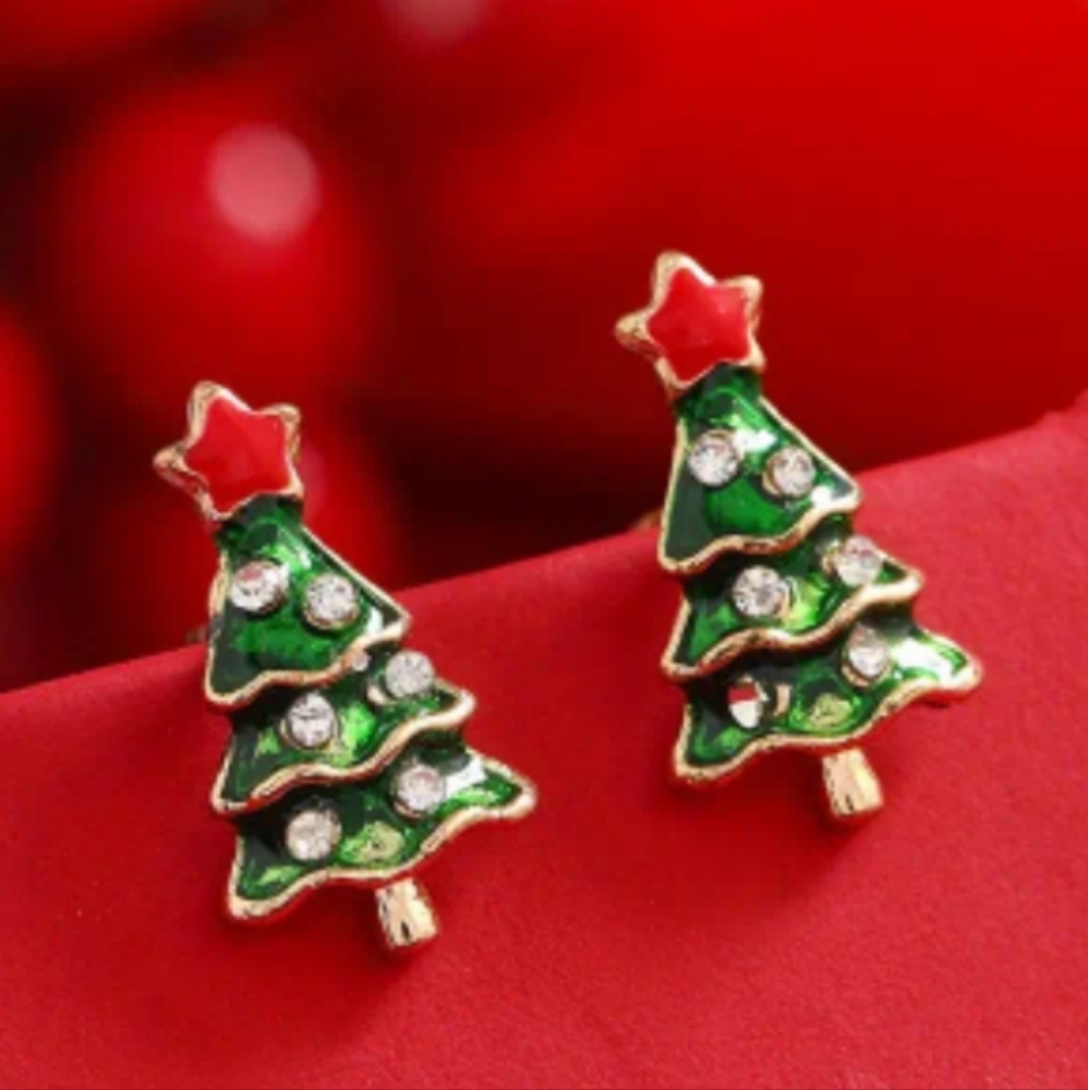 BOGO Festive 18 Kt Gold Plated Green Red Enamel Christmas Tree Stud Earrings - Picture 1 of 5